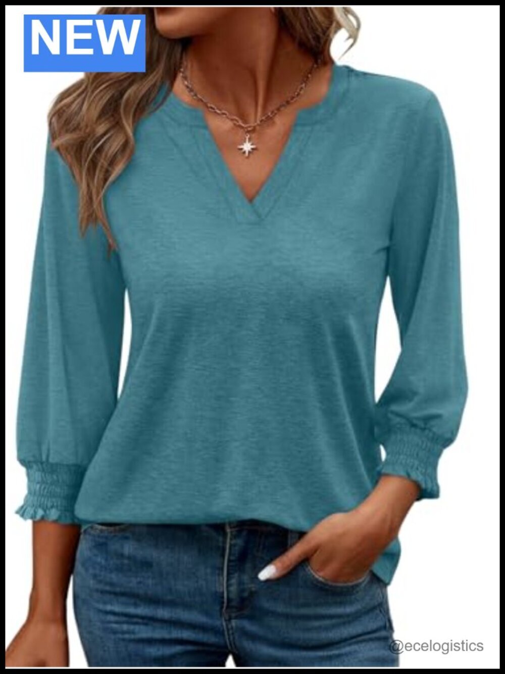Women's V Neck 3/4 Sleeve T Shirt Blouse Smocked Cuffs Dressy Summer Top
